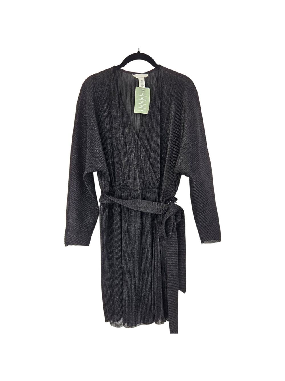 NWT Minimalist Black Ribbed Wrap Sparkle Tie Deep V Long Sleeve Dress Size: Med